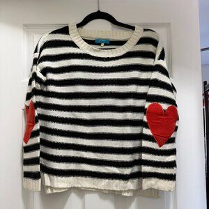 Black & White Striped Heart Patch Elbow Sweater Size S